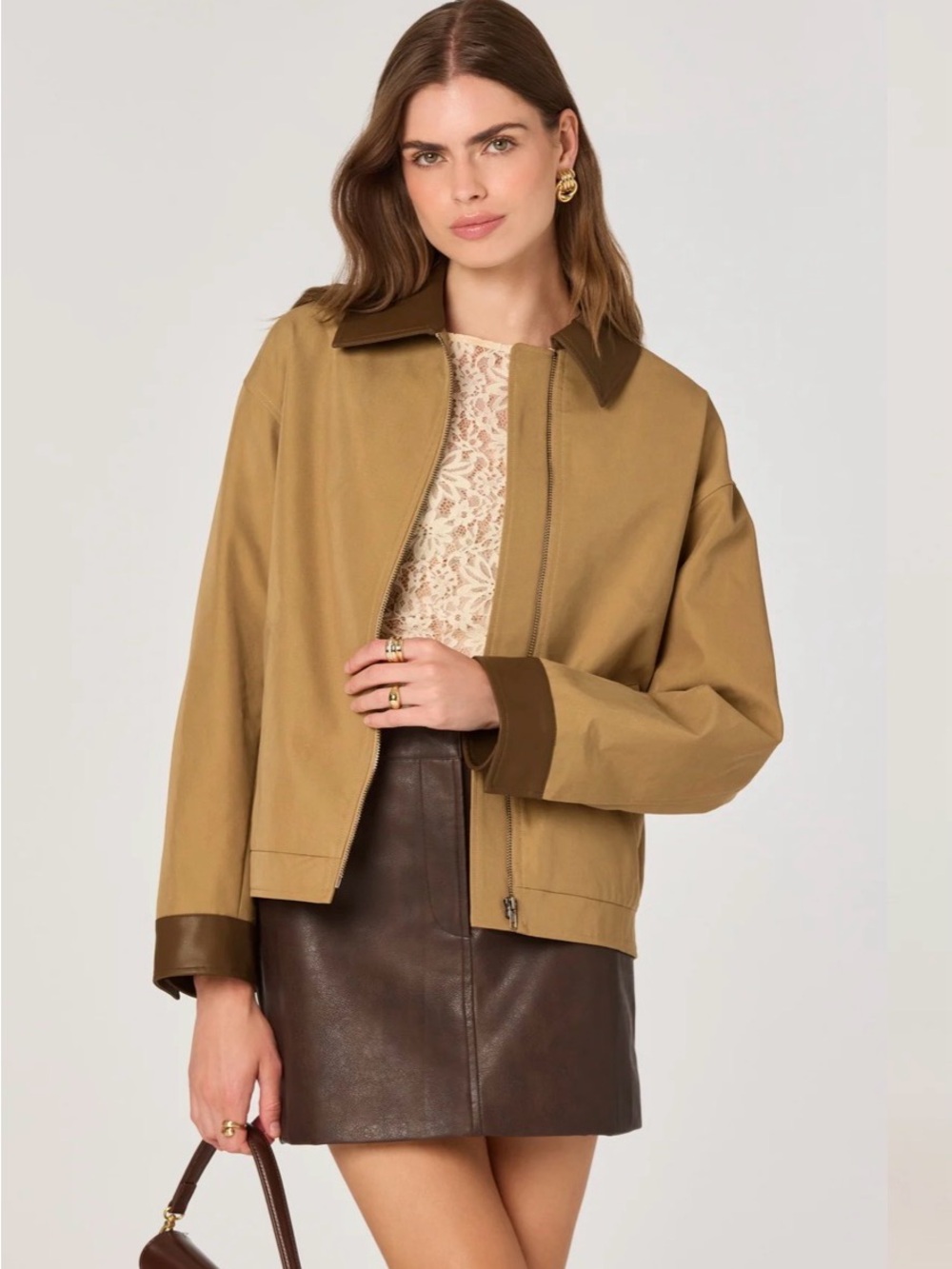 ASTR Tan Bomber Jacket with Dark Brown Trim